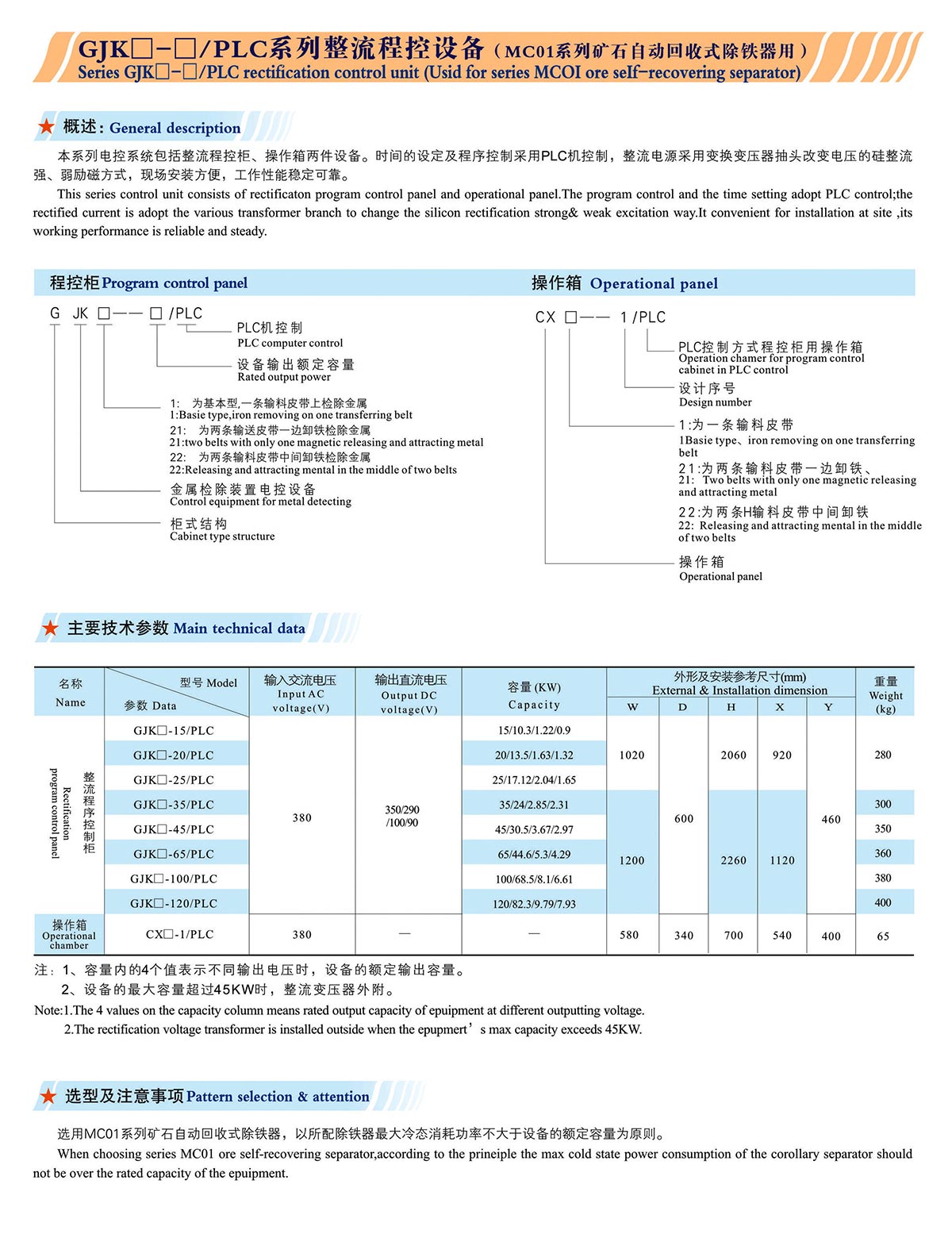 GJK□-□/PLC系列整流程控设备（MC01系列矿石自动回收式除铁器用）